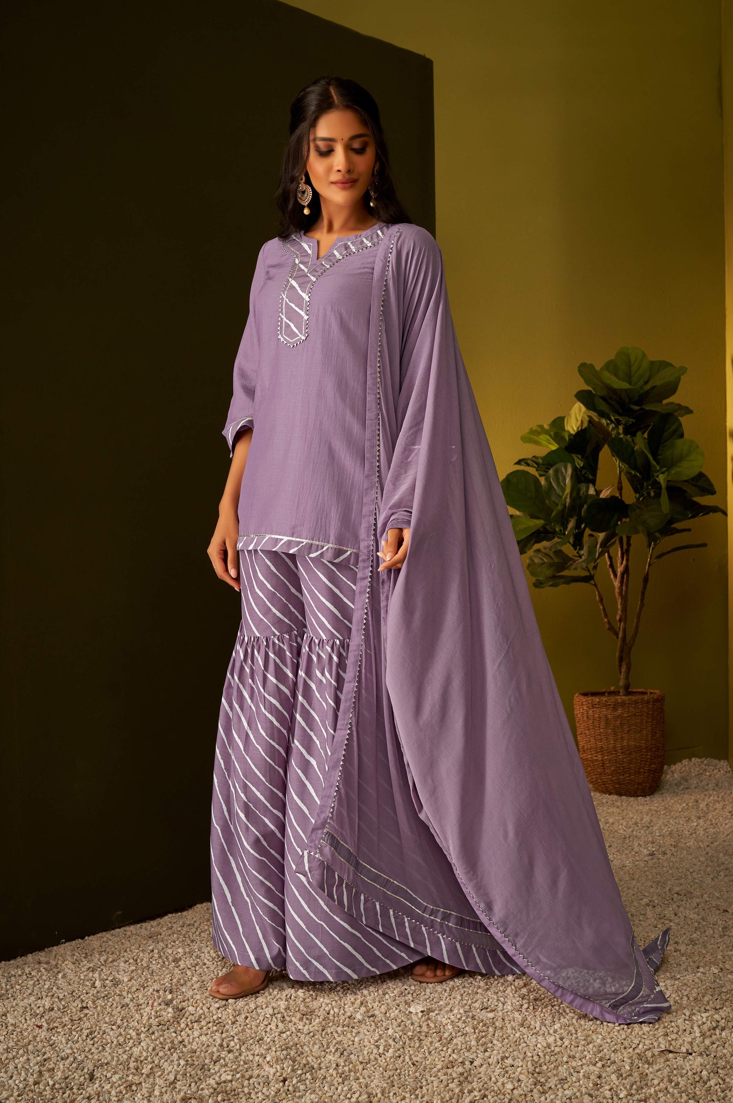 Lilac Purple Short Kurta Sharara and Dupatta Set