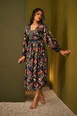 Navy Blue Fit and Flare Floral Foil Printed Dress
