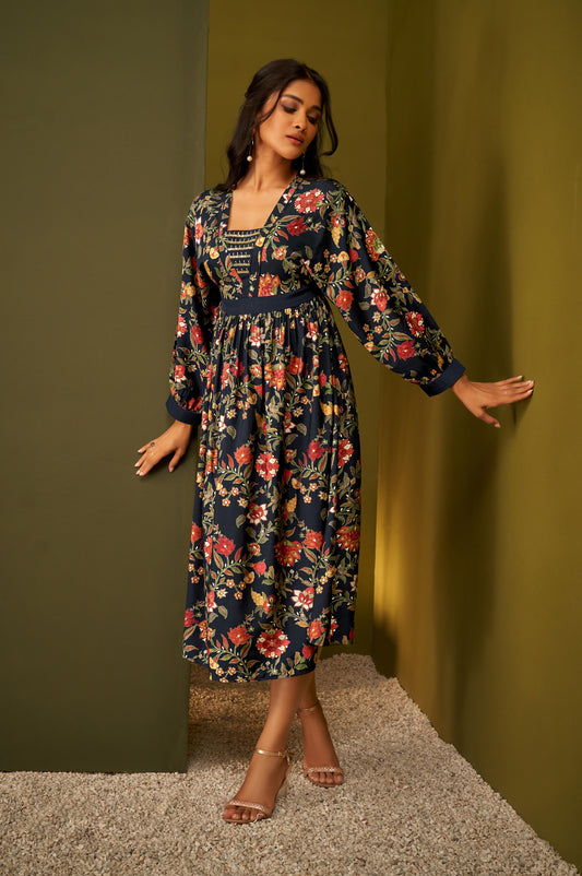 Navy Blue Fit and Flare Floral Foil Printed Dress