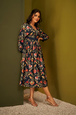 Navy Blue Fit and Flare Floral Foil Printed Dress