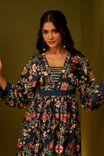 Navy Blue Fit and Flare Floral Foil Printed Dress