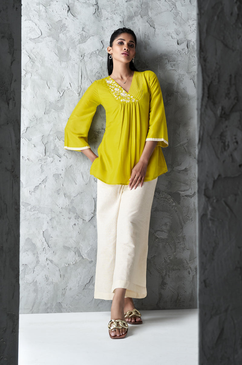Parrot Green Festive Wear A-line Embroidered Top