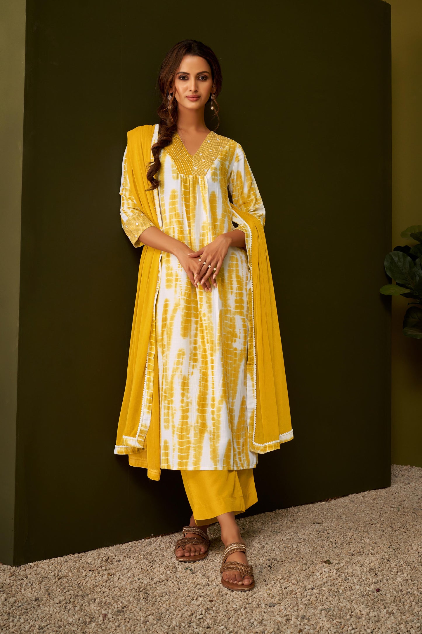 Mustard Yellow Tie and Dye Embroidered Kurta Set with Dupatta