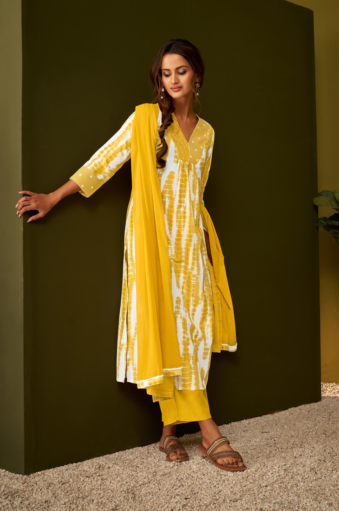 Mustard Yellow Tie and Dye Embroidered Kurta Set with Dupatta