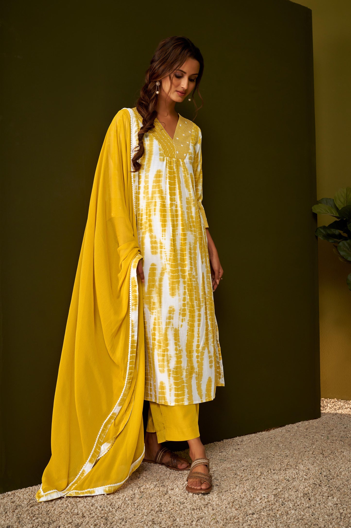 Mustard Yellow Tie and Dye Embroidered Kurta Set with Dupatta