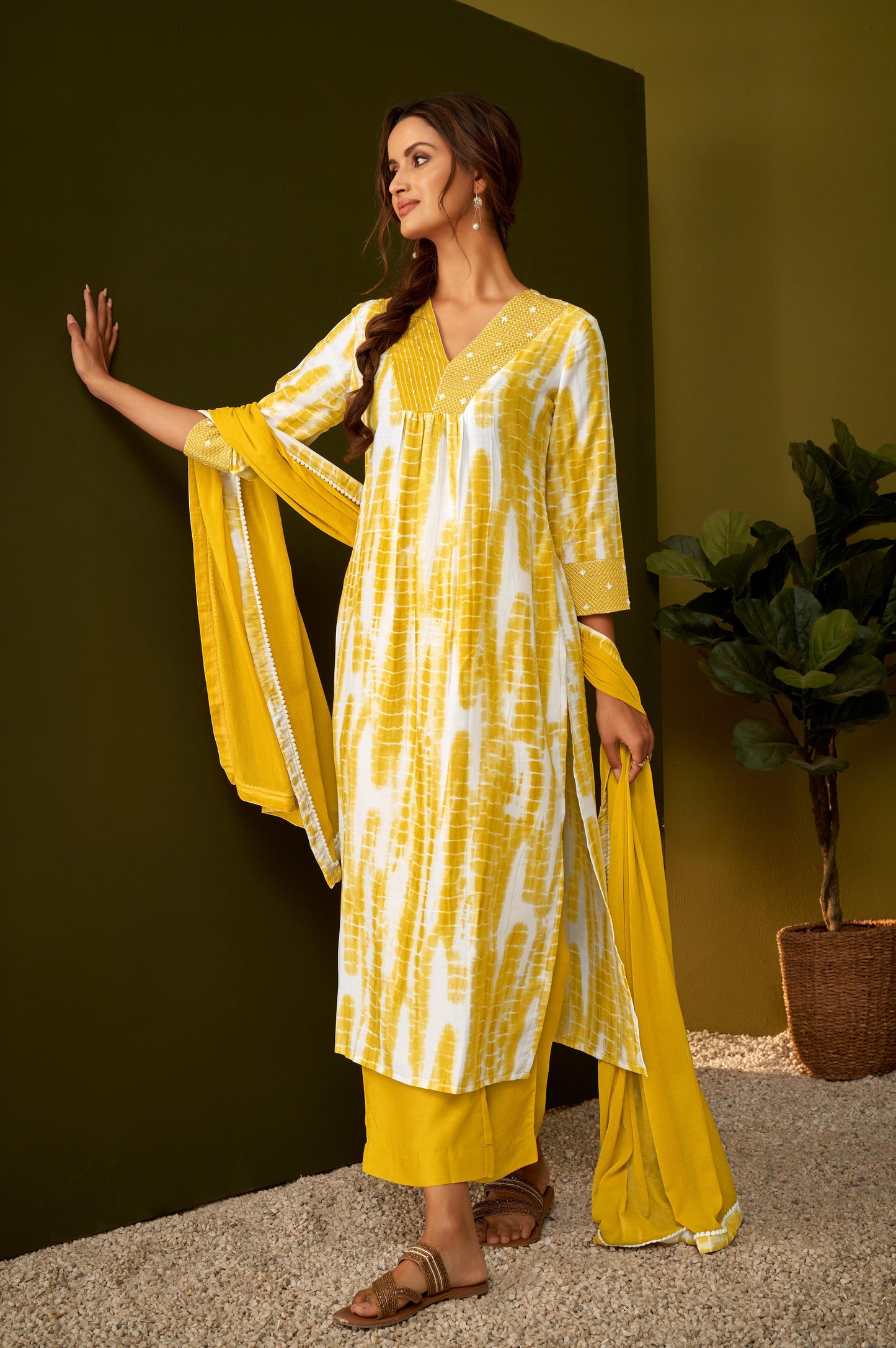 Mustard Yellow Tie and Dye Embroidered Kurta Set with Dupatta