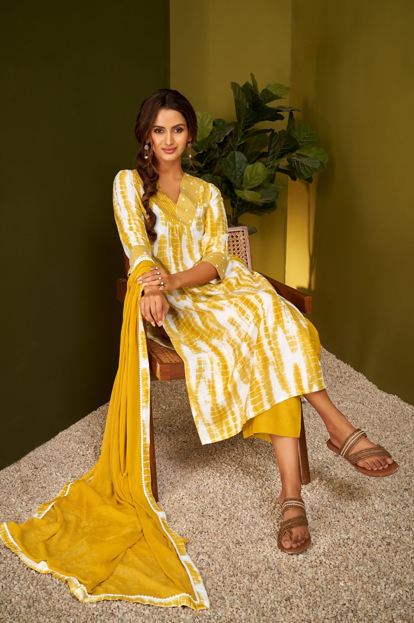 Mustard Yellow Tie and Dye Embroidered Kurta Set with Dupatta