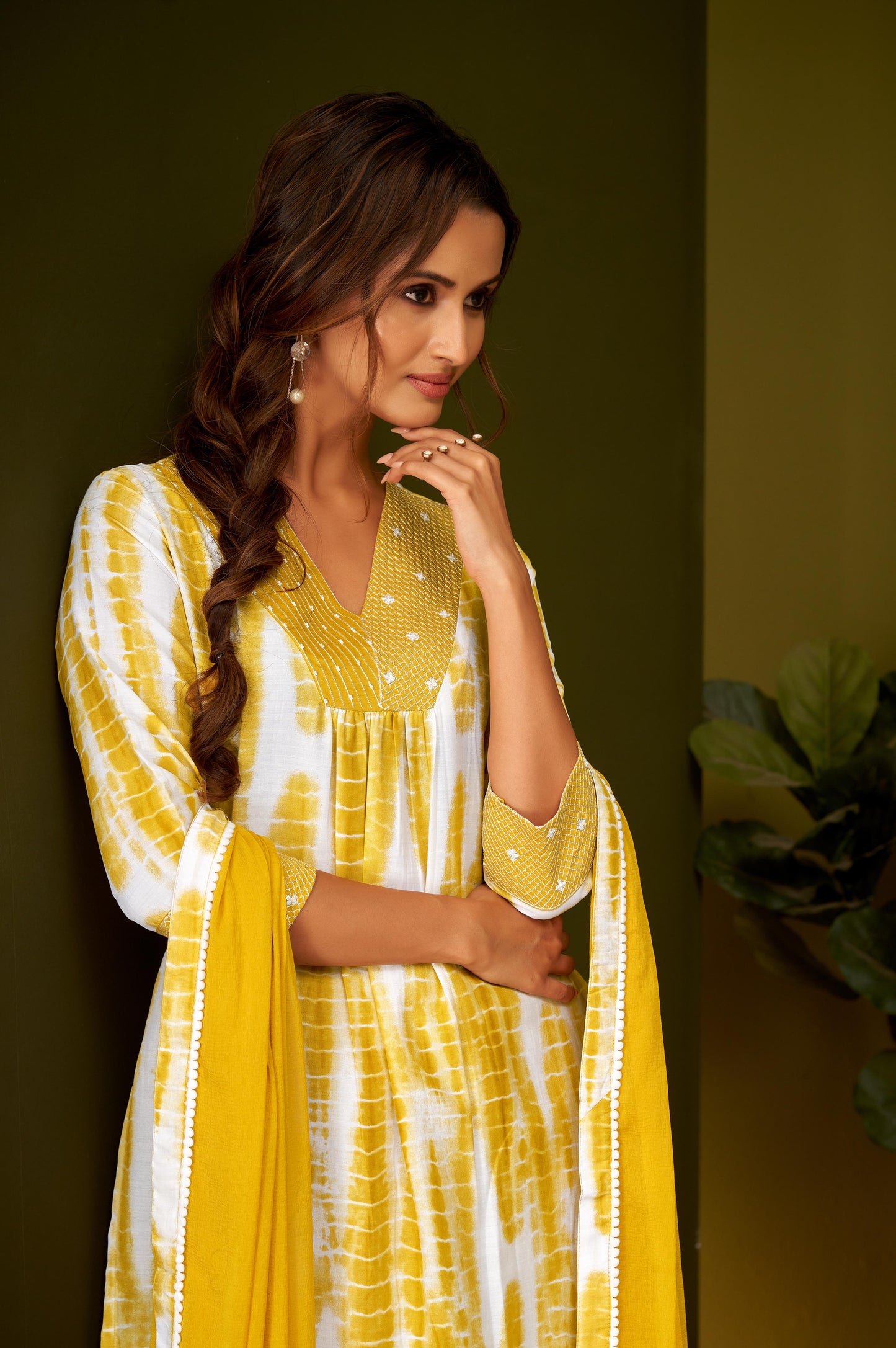Mustard Yellow Tie and Dye Embroidered Kurta Set with Dupatta