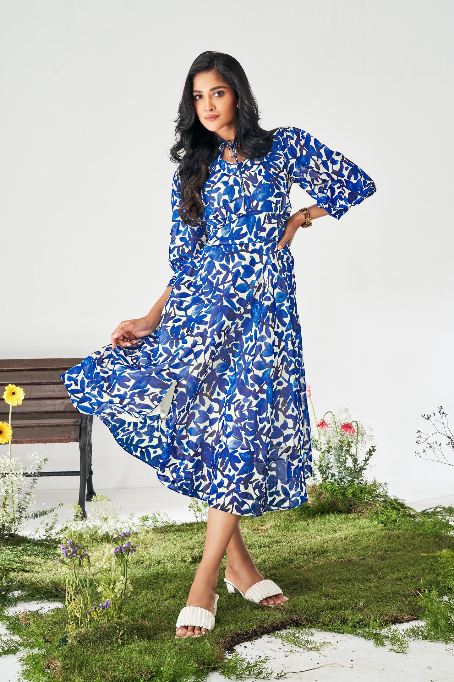 Royal Blue and White Fit and Flared Dress with Slit