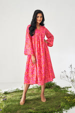 Bright Pink Muslin Digital Floral Printed Dress