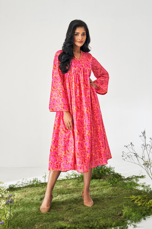 Bright Pink Muslin Digital Floral Printed Dress