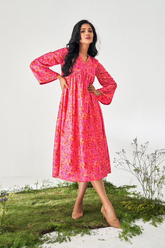 Bright Pink Muslin Digital Floral Printed Dress