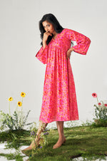 Bright Pink Muslin Digital Floral Printed Dress