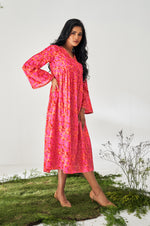 Bright Pink Muslin Digital Floral Printed Dress