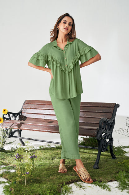 Olive Green Ruffle Top and Pants Co-ord Set