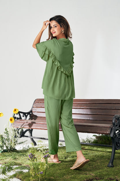 Olive Green Ruffle Top and Pants Co-ord Set