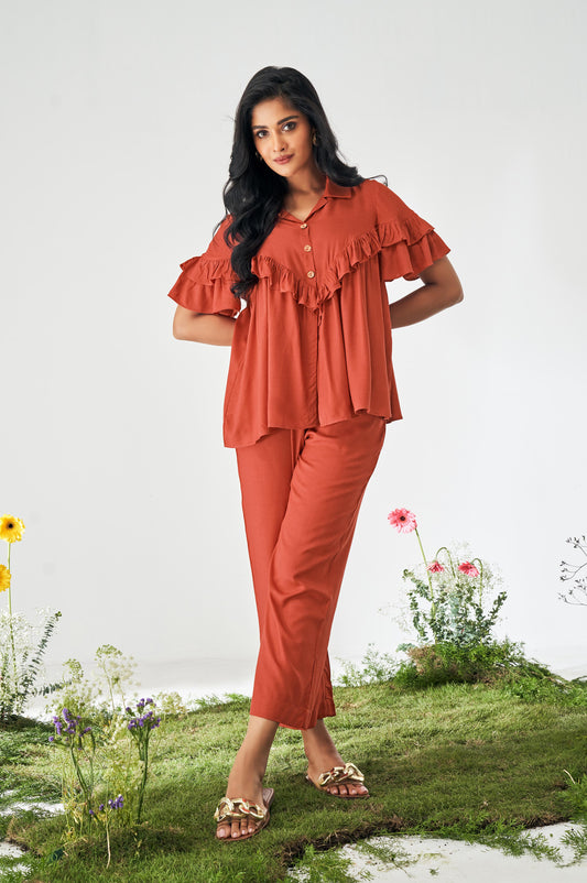 Orange Ruffle Top and Pants Co-ord Set