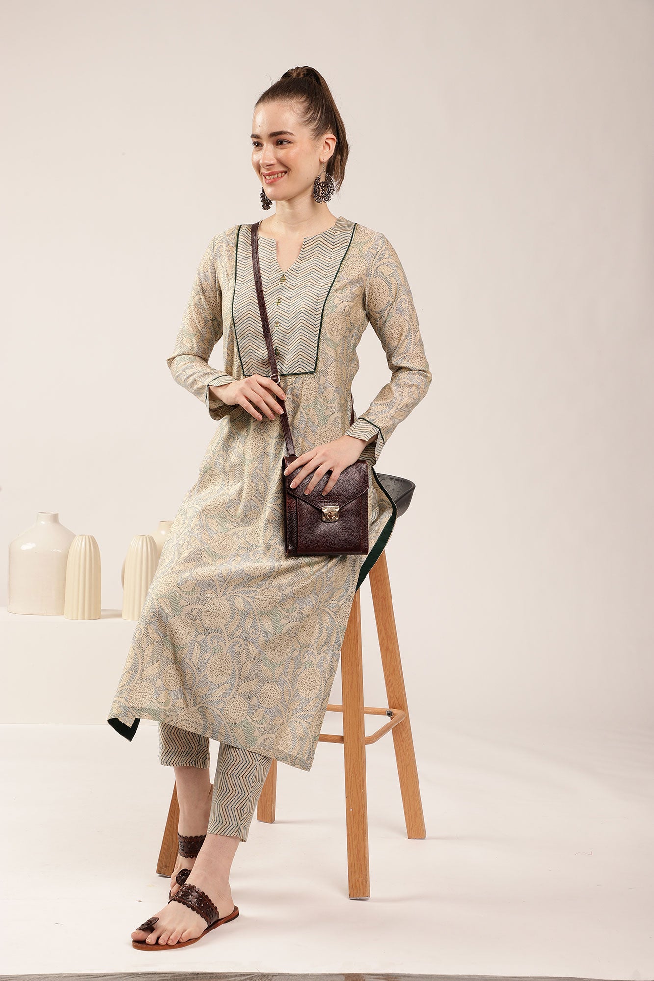 Earthy Paisley Chanderi Print Kurta Set
