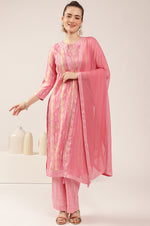 Light Pink Rayon Slub Floral Print Kurta Set with Dupatta