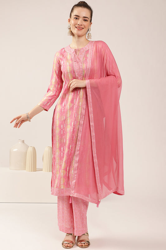 Light Pink Rayon Slub Floral Print Kurta Set with Dupatta