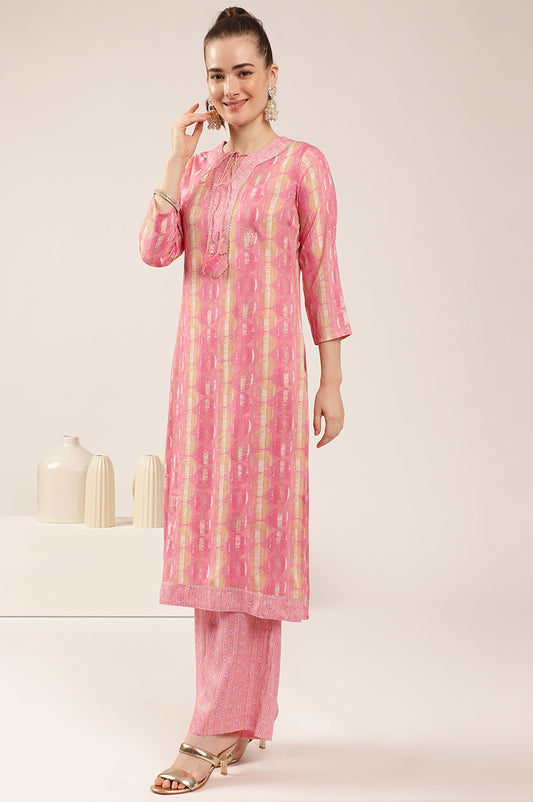 Light Pink Rayon Slub Floral Print Kurta Set with Dupatta