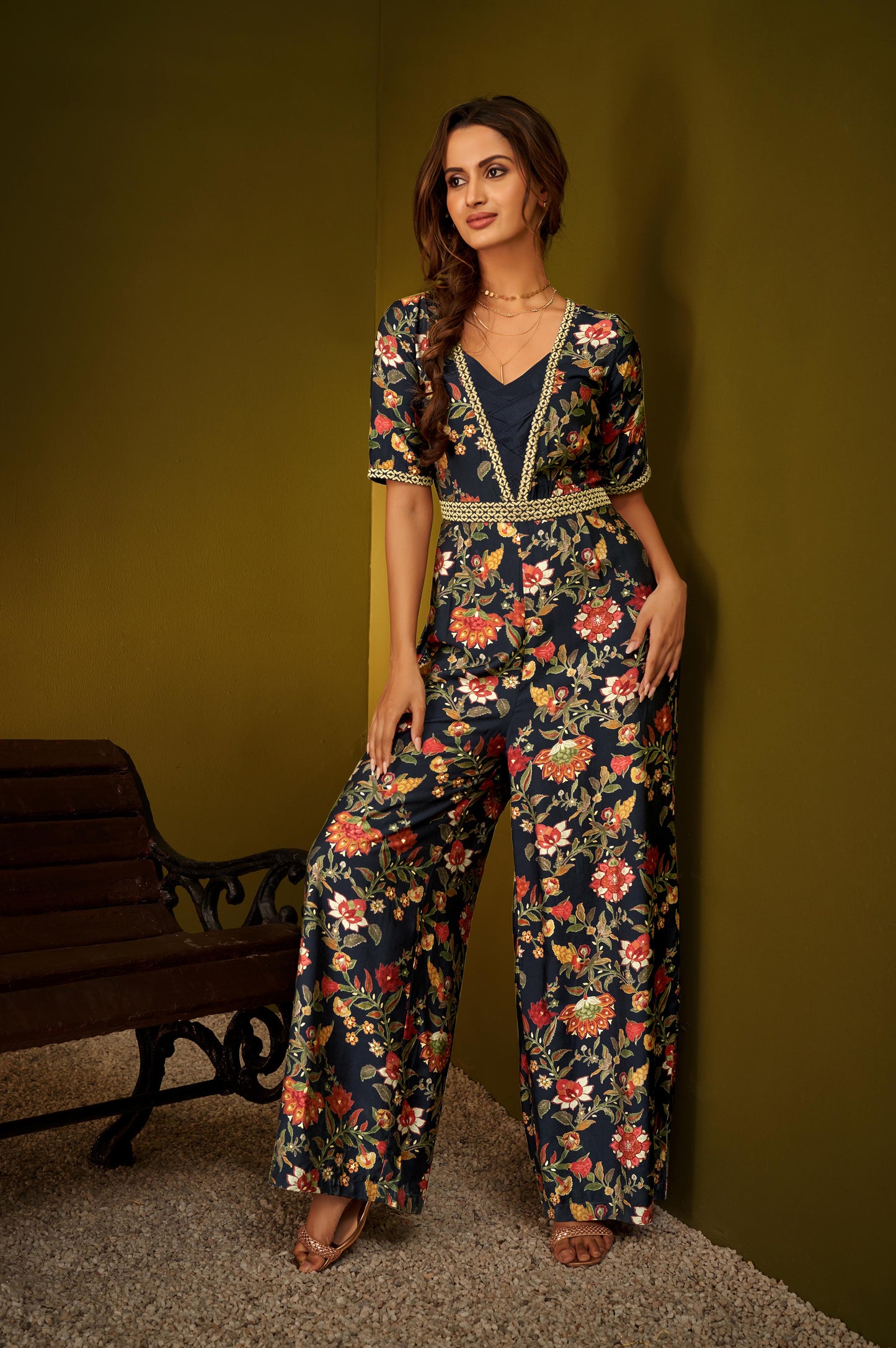 Navy Blue Fit and Flare Floral Foil Printed Jumpsuit