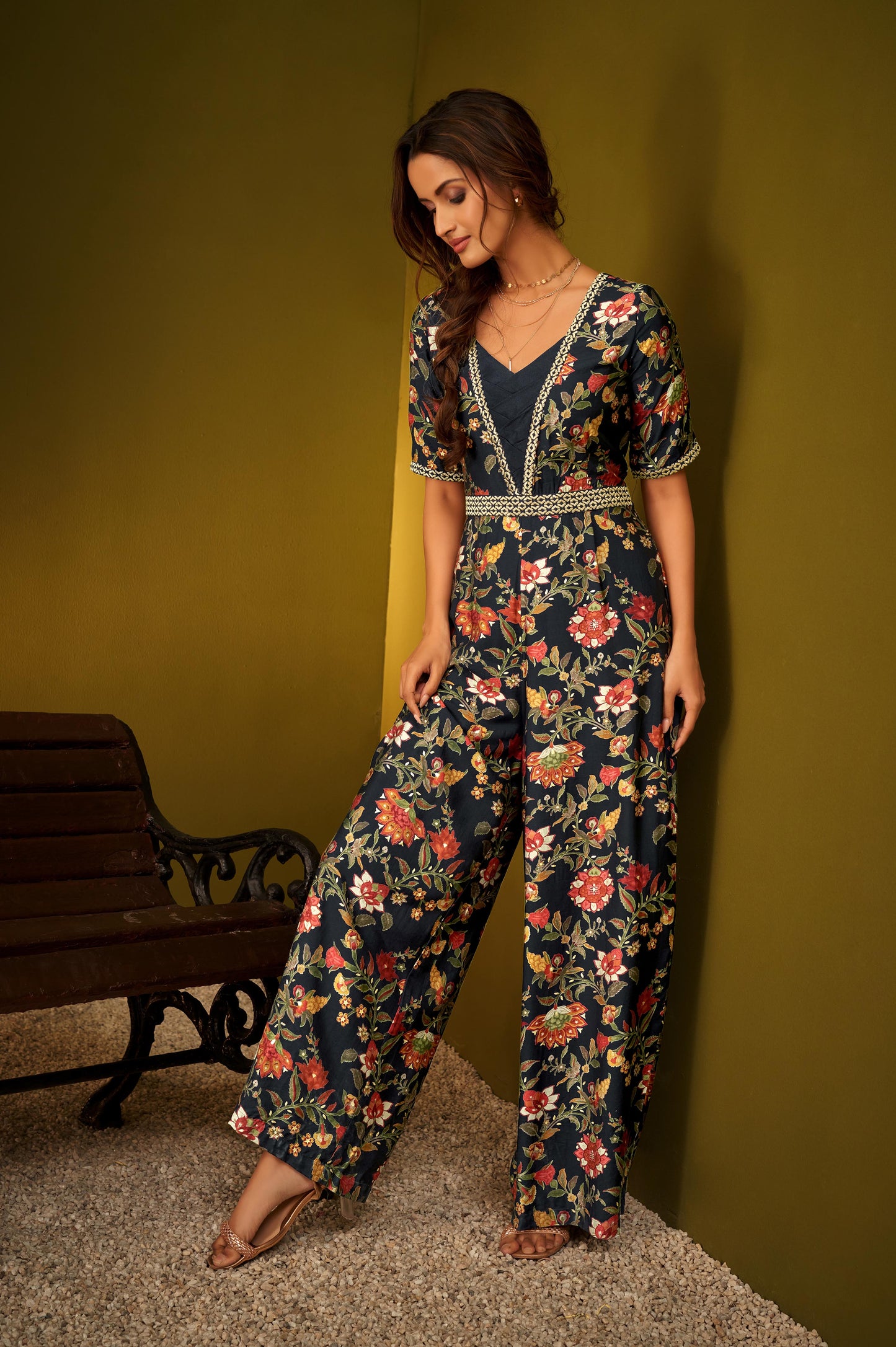 Navy Blue Fit and Flare Floral Foil Printed Jumpsuit