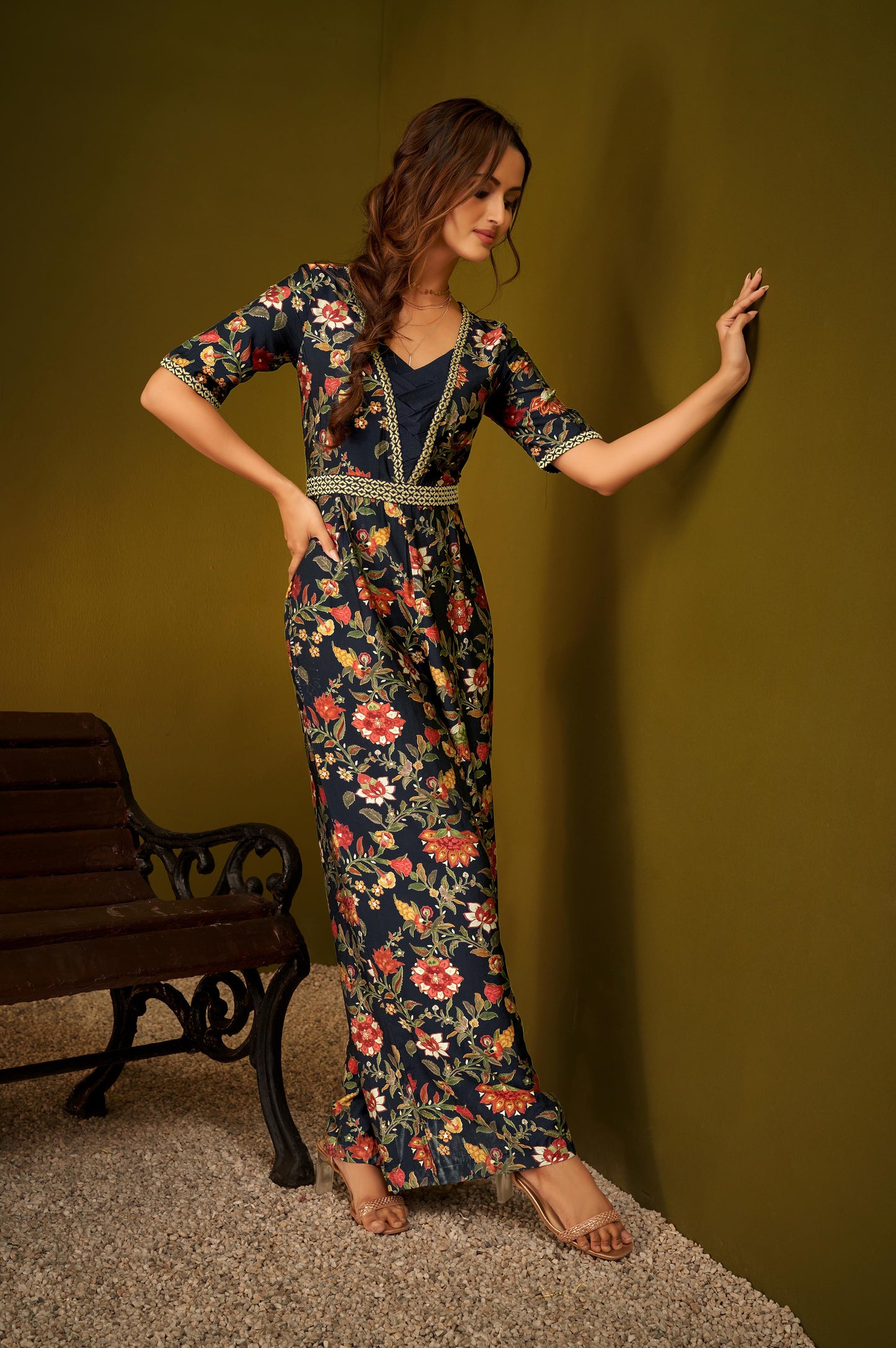 Navy Blue Fit and Flare Floral Foil Printed Jumpsuit