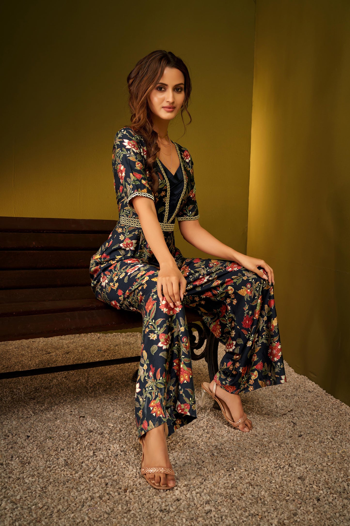 Navy Blue Fit and Flare Floral Foil Printed Jumpsuit