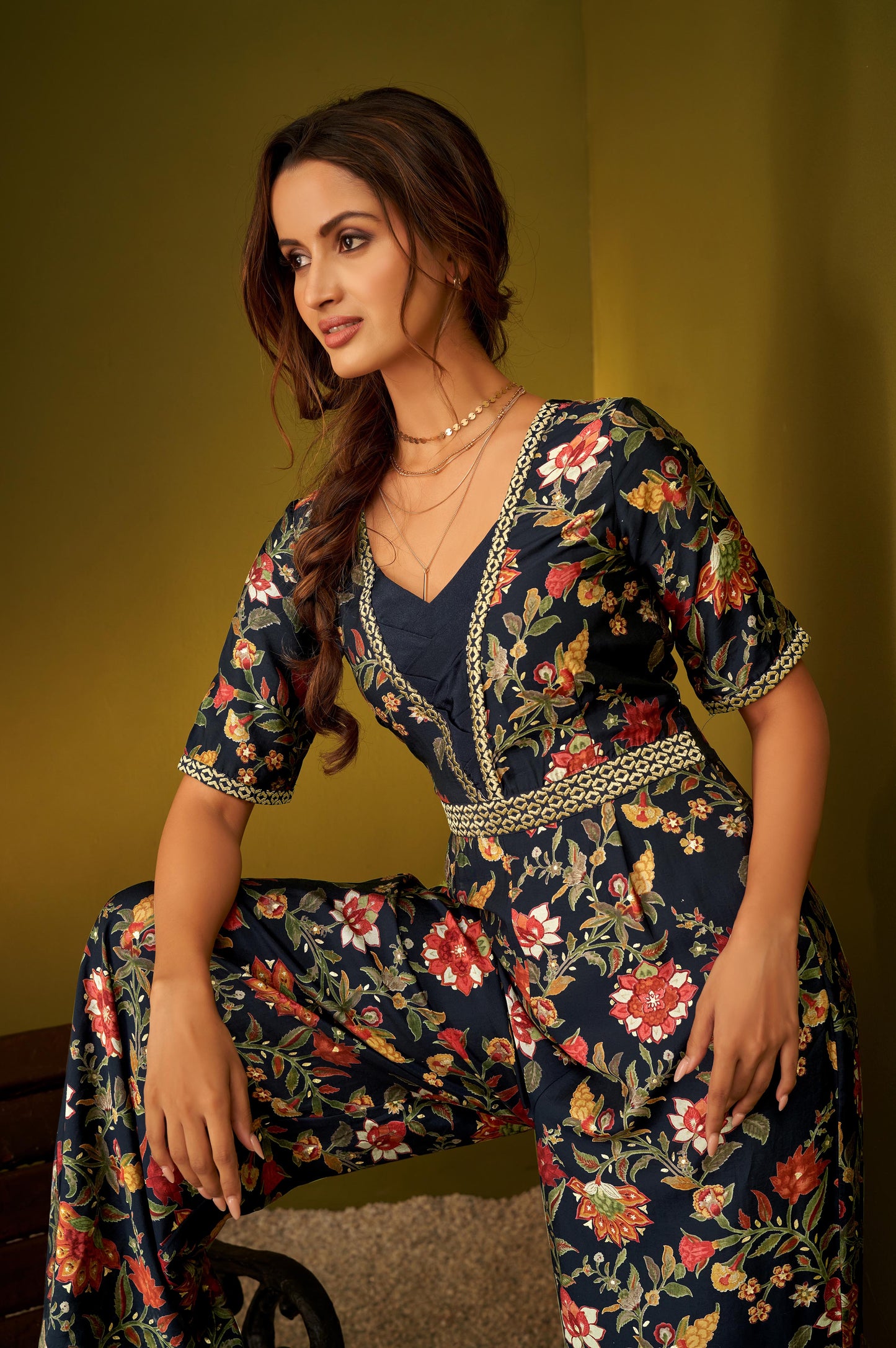 Navy Blue Fit and Flare Floral Foil Printed Jumpsuit