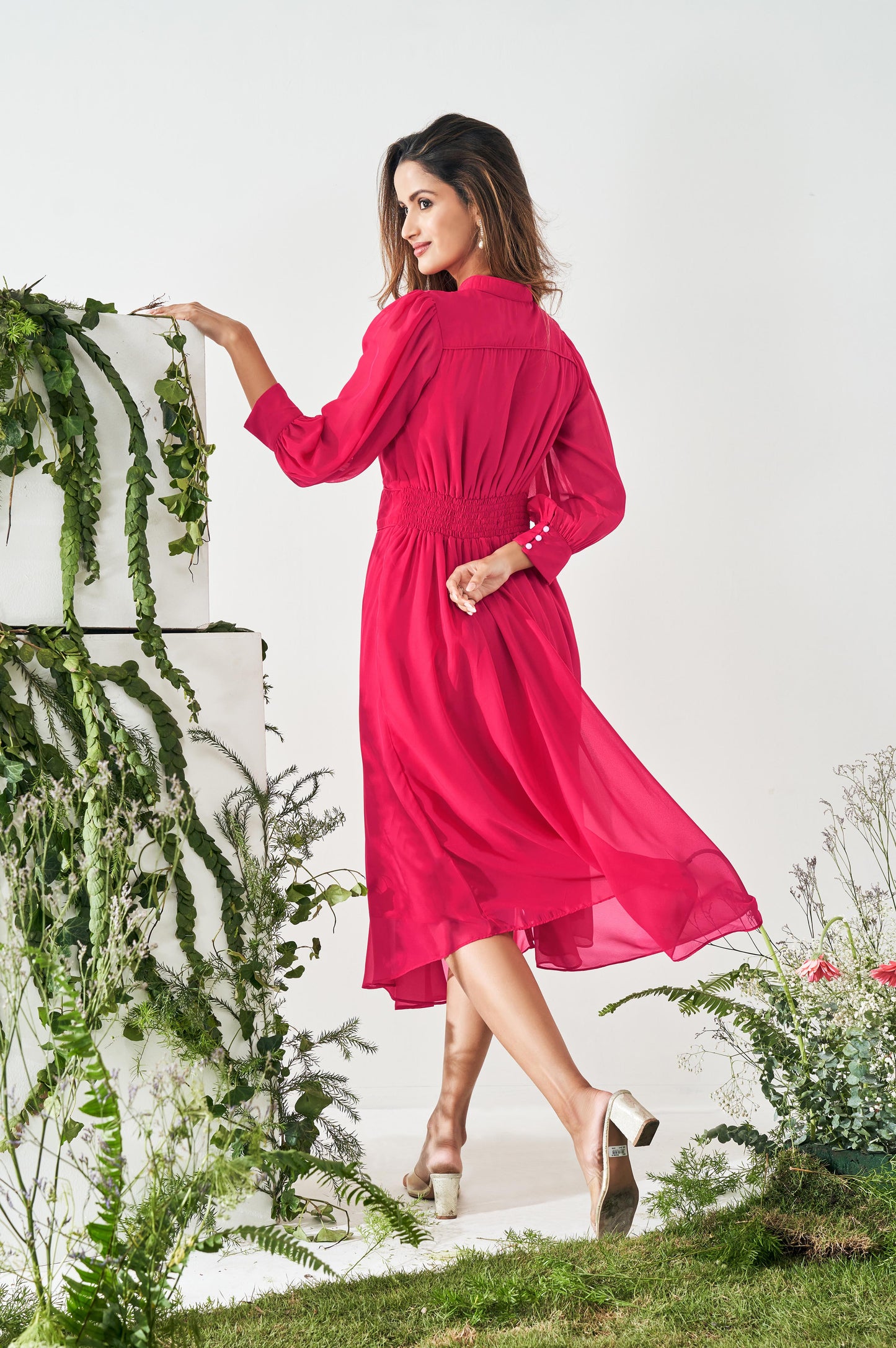Bright Pink Fit and Flared Smoking Dress