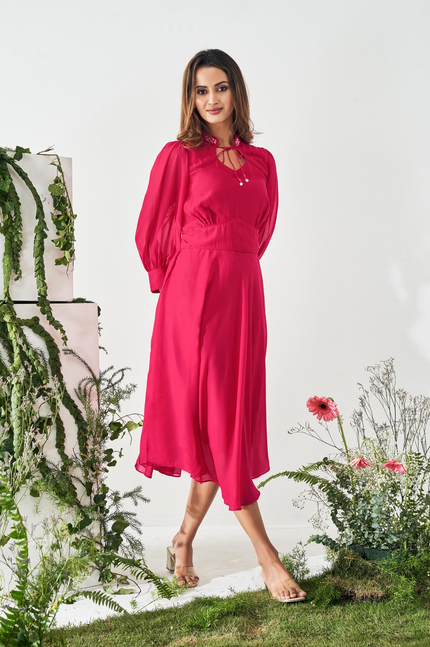 Bright Pink Fit and Flared Smoking Dress
