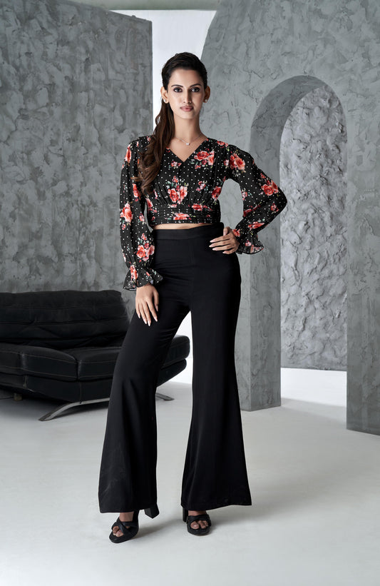 Black Casual Regular fit Floral Printed Top