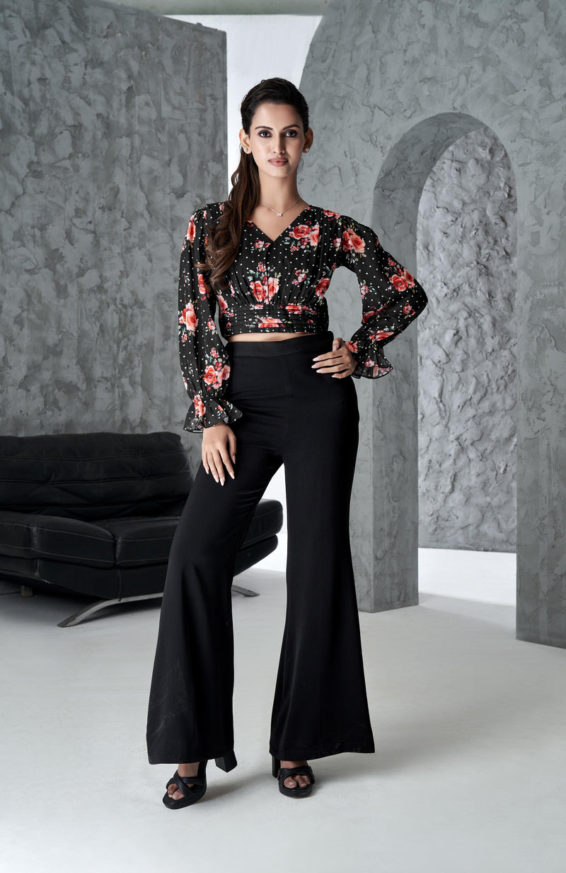 Black Casual Regular fit Floral Printed Top