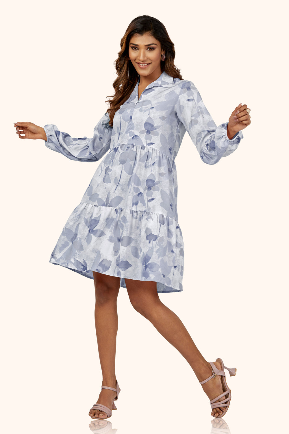 Blue Charming Floral Collar Dress