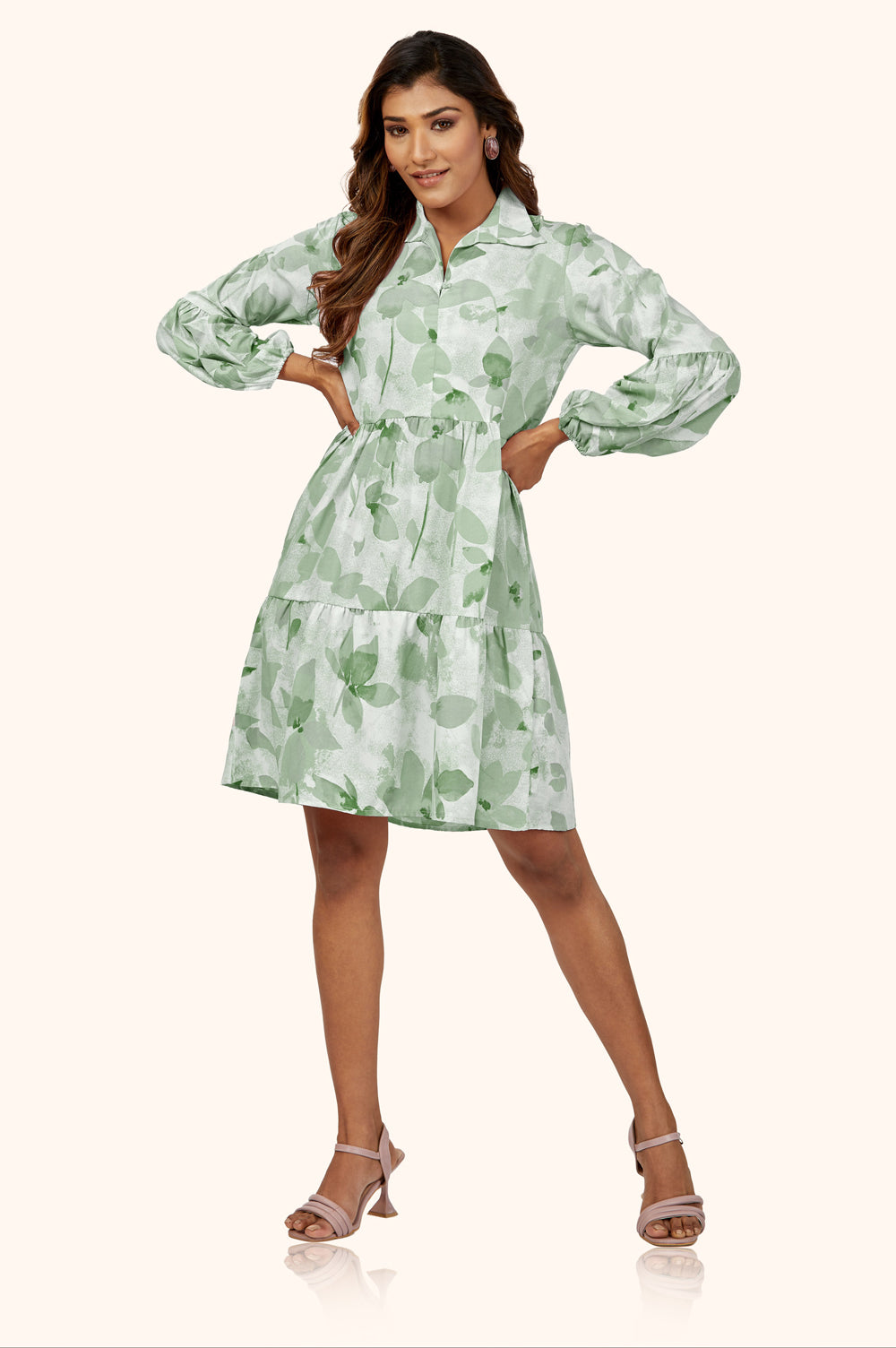 Green Blue Charming Floral Collar Dress