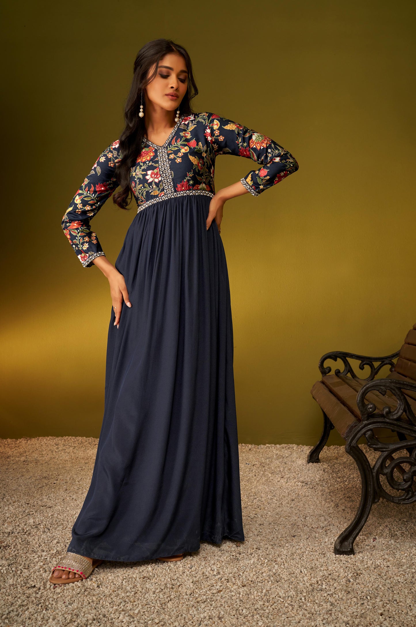 Navy Blue Viscose Muslin Foil Print Floral Maxi Dress