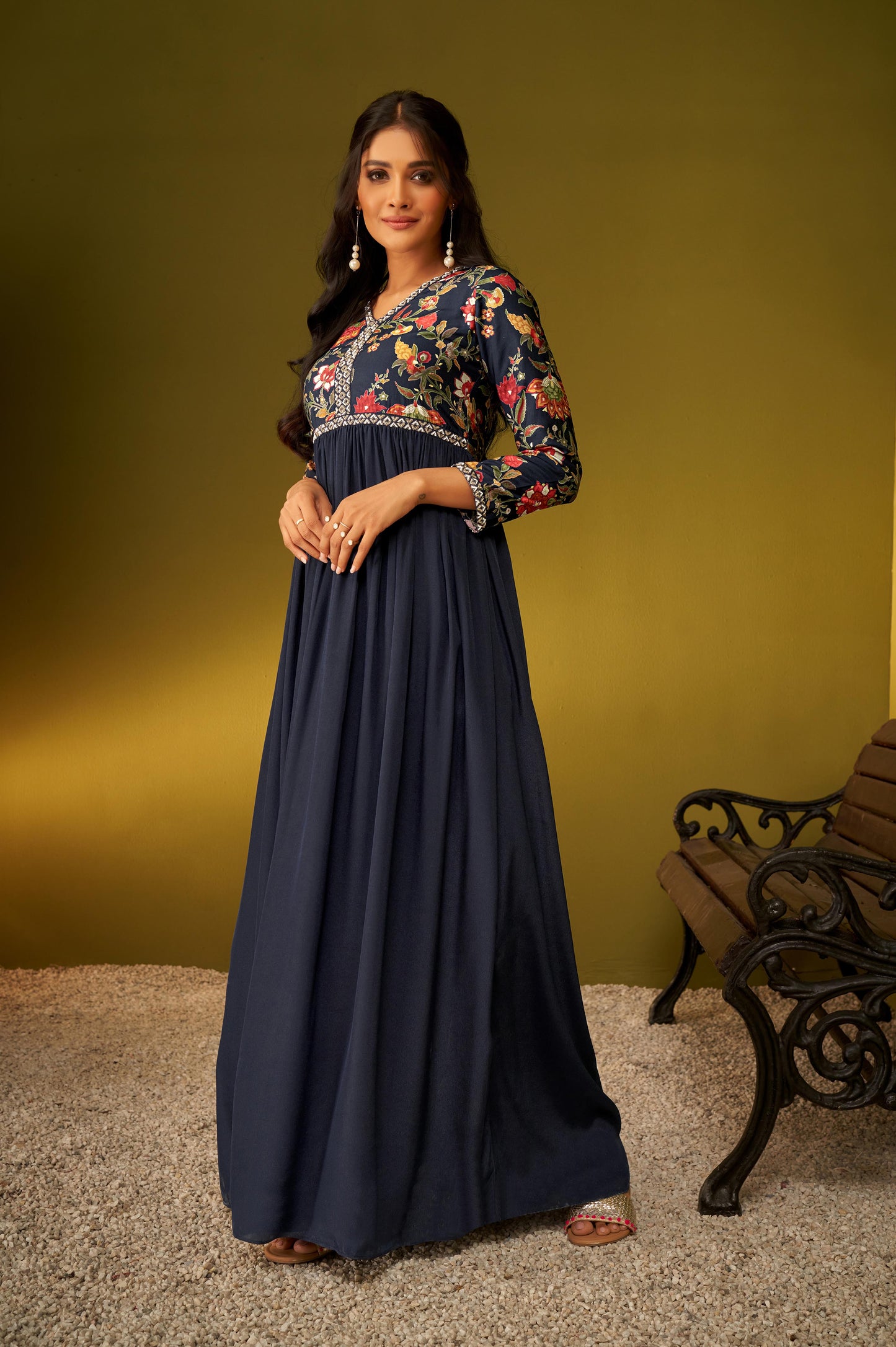 Navy Blue Viscose Muslin Foil Print Floral Maxi Dress