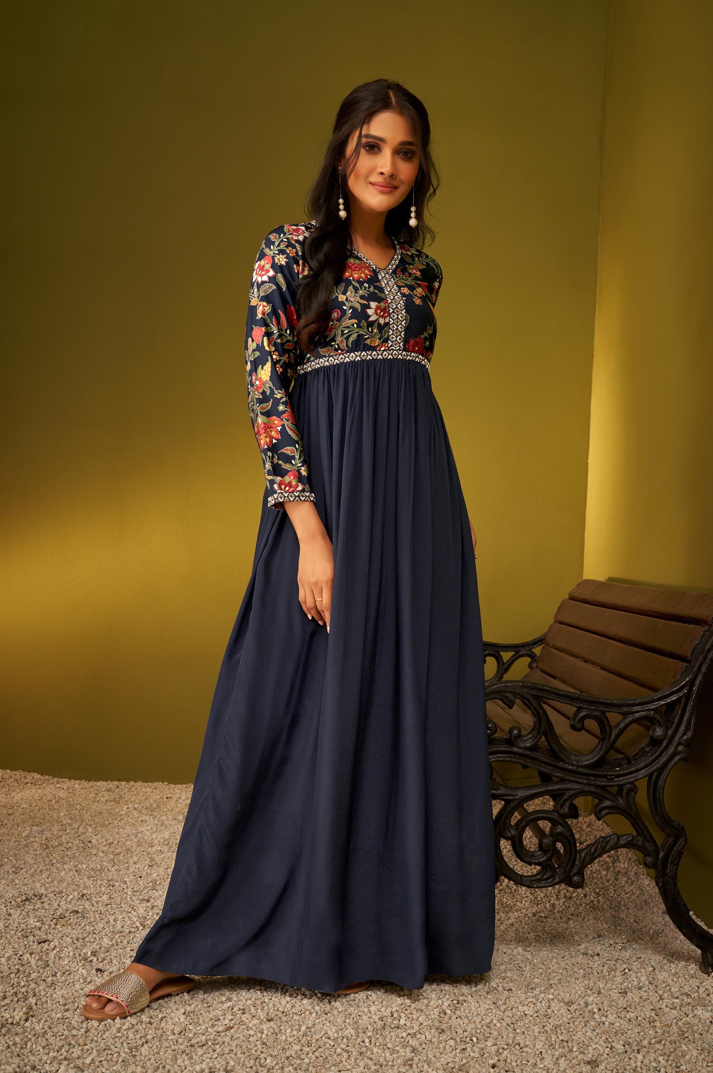 Navy Blue Viscose Muslin Foil Print Floral Maxi Dress