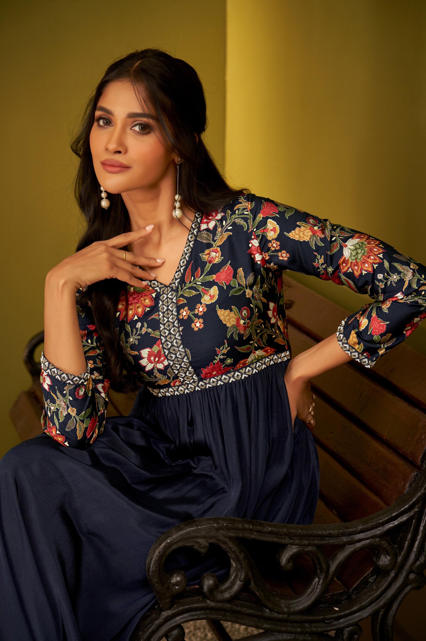 Navy Blue Viscose Muslin Foil Print Floral Maxi Dress