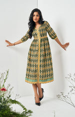 Green Muslin Digital Abstract Print Dress