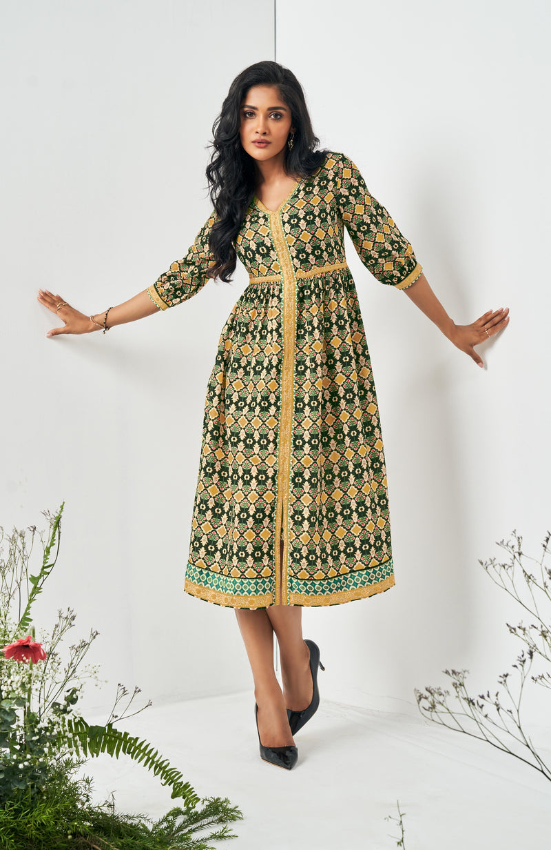 Green Muslin Digital Abstract Print Dress