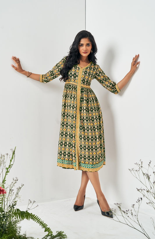 Green Muslin Digital Abstract Print Dress