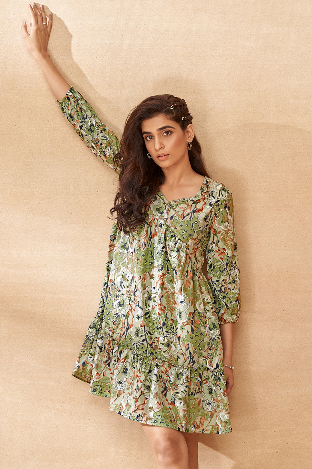 Green Floral V-Neck Mini Dress