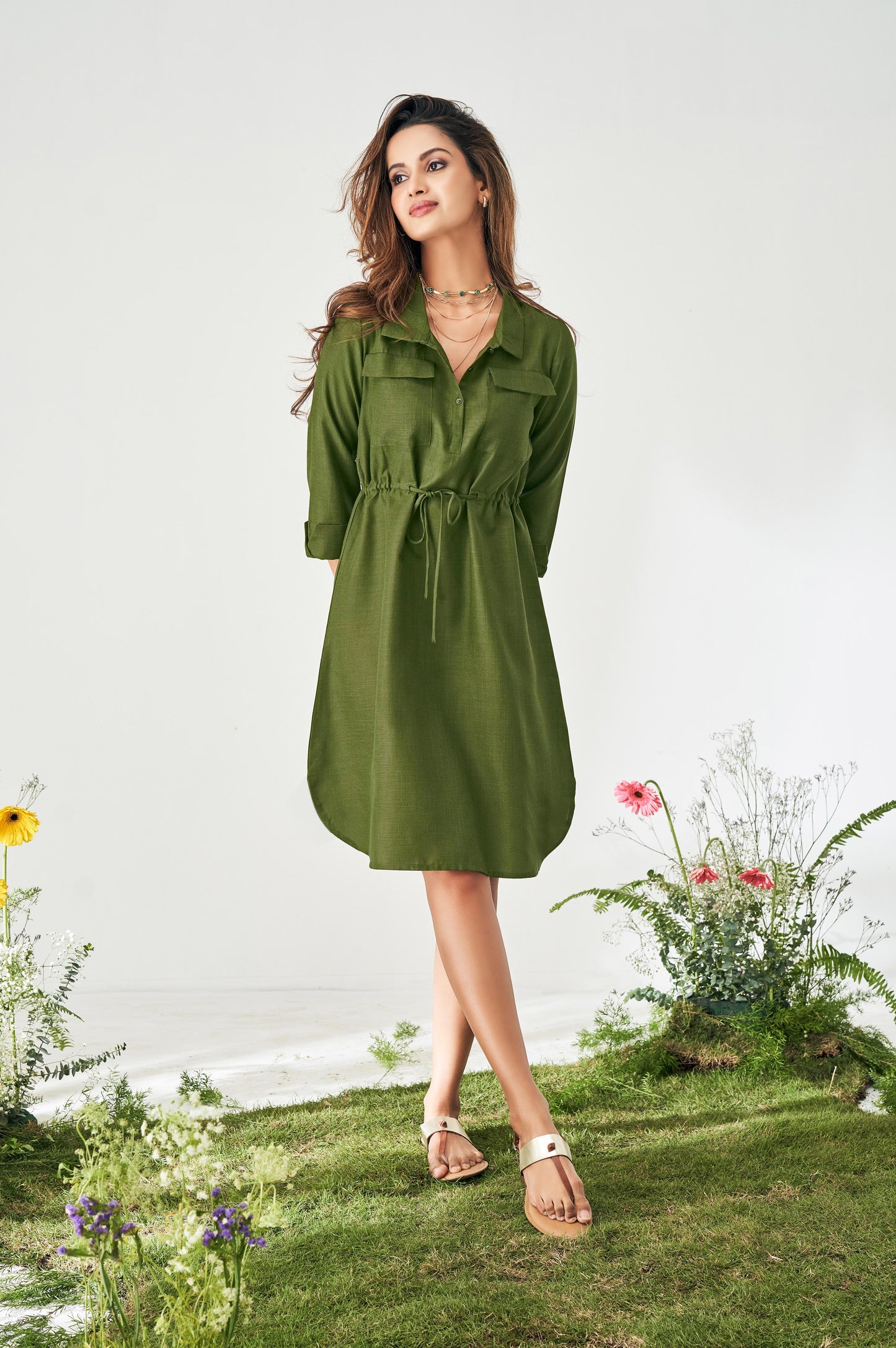 Olive Green Shirt Collar Short Tunic