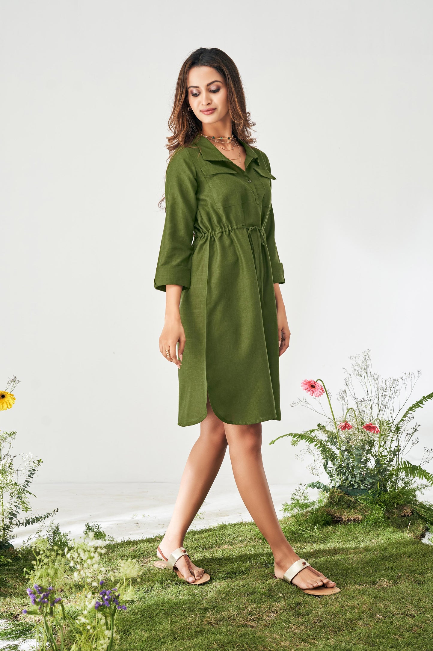 Olive Green Shirt Collar Short Tunic