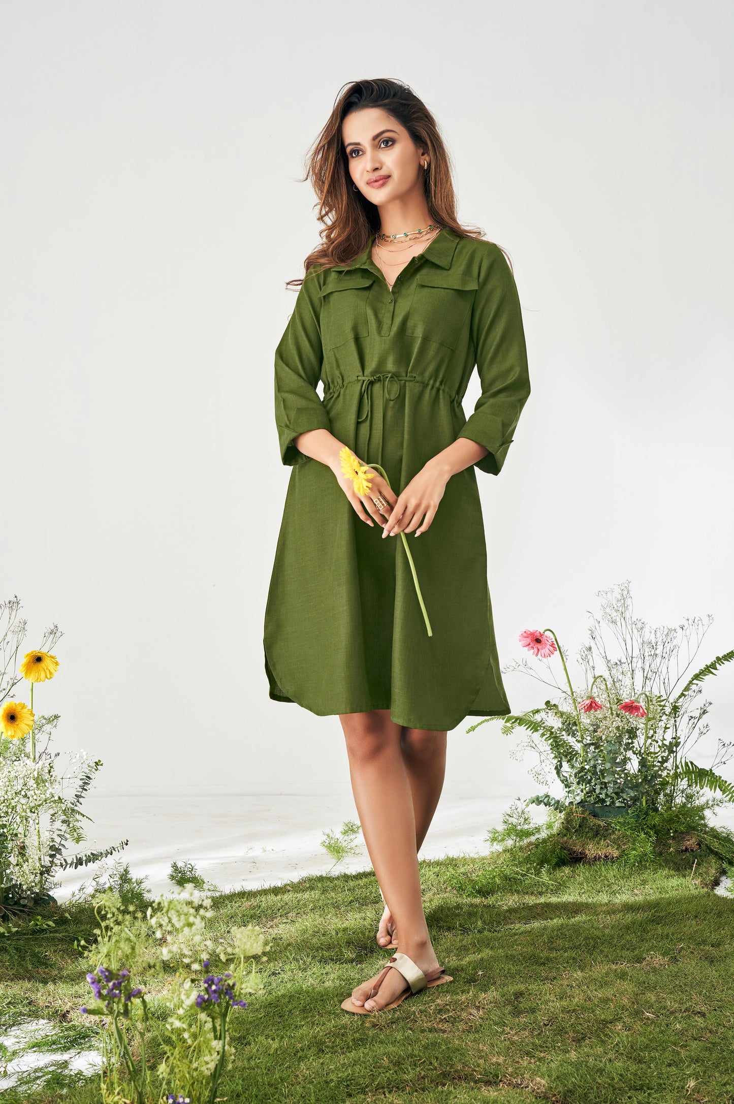 Olive Green Shirt Collar Short Tunic