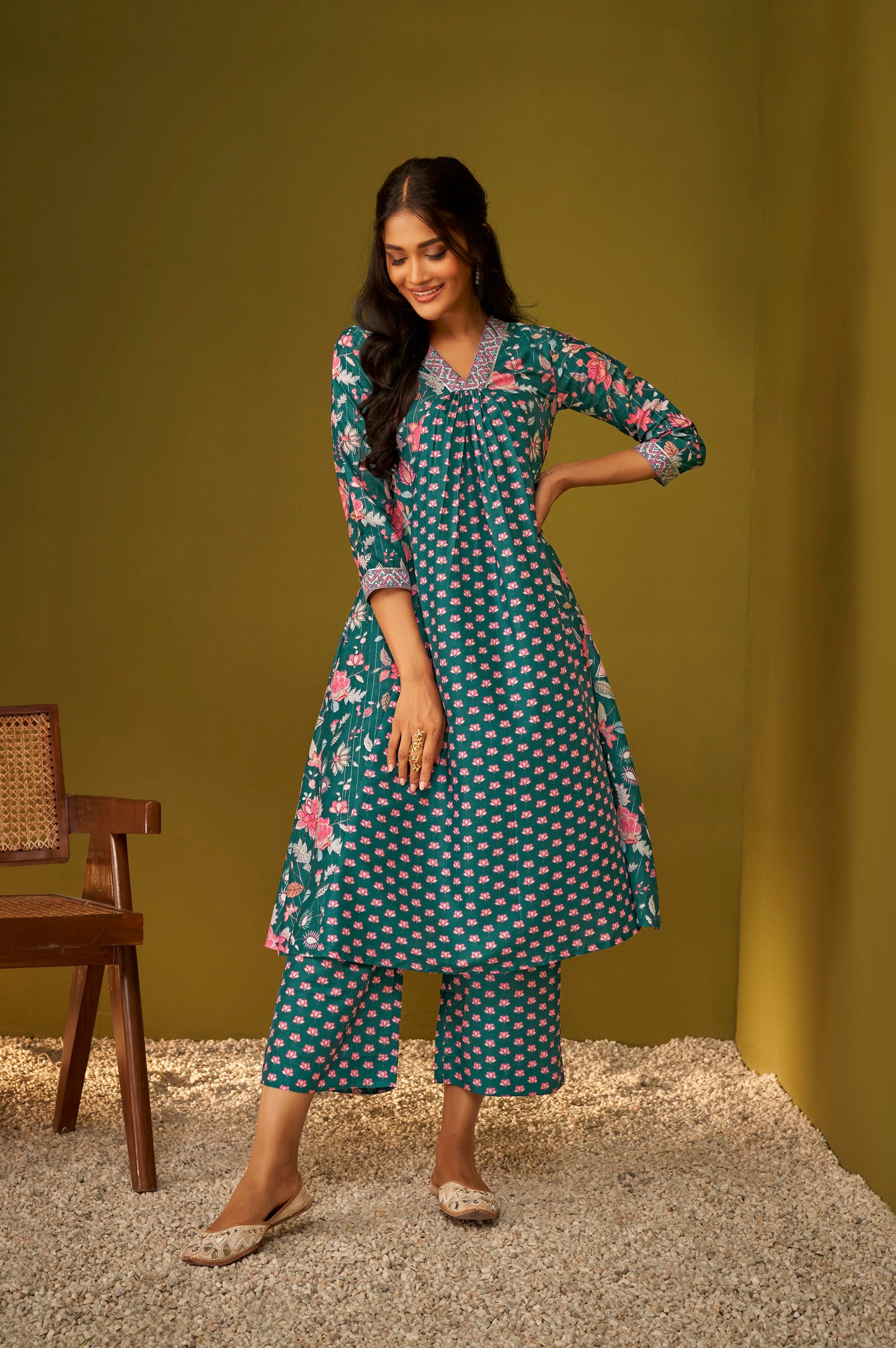 Teal Blue Digital Floral Print Panelled Kurta and Palazzo Set