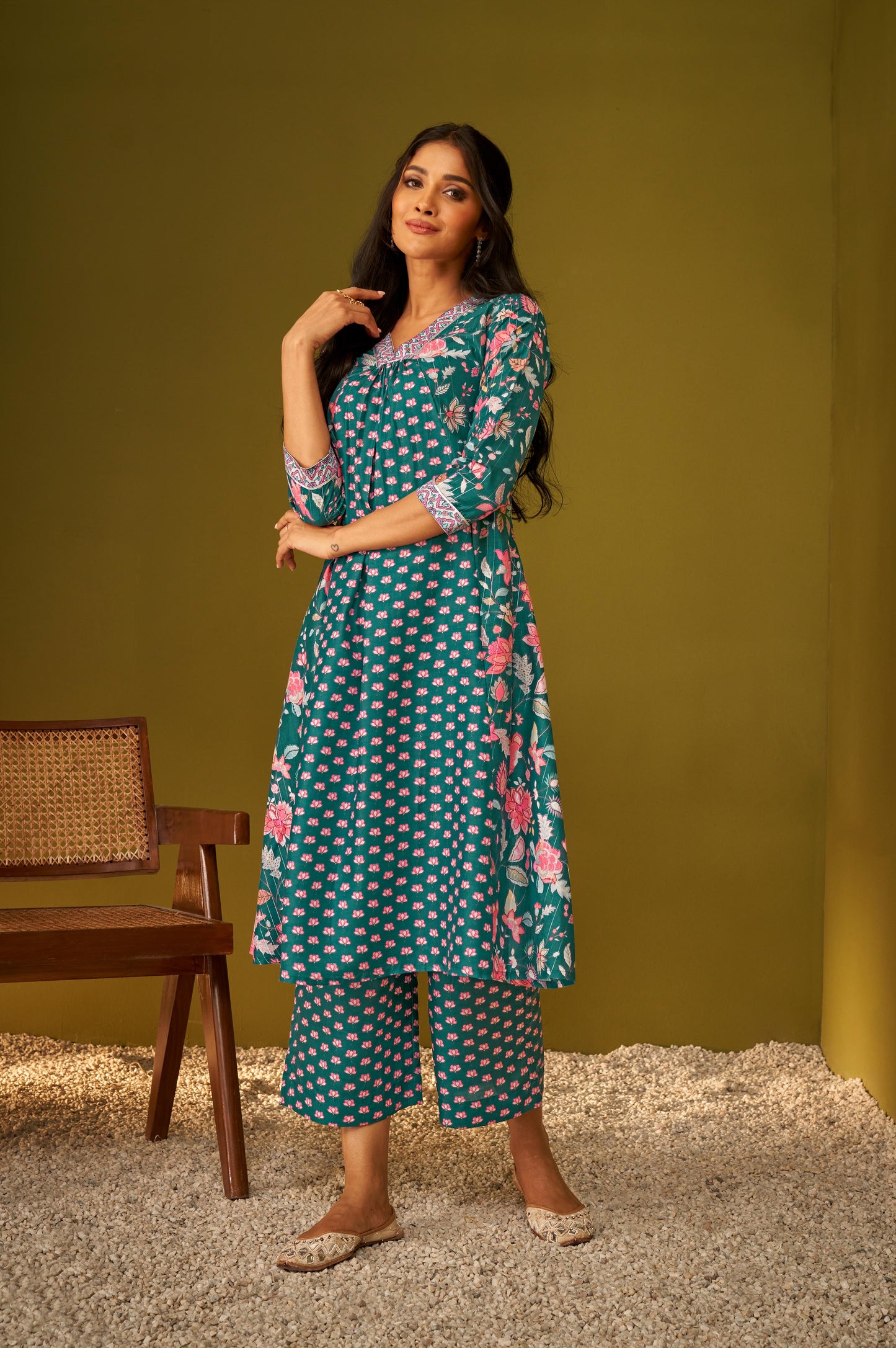 Teal Blue Digital Floral Print Panelled Kurta and Palazzo Set