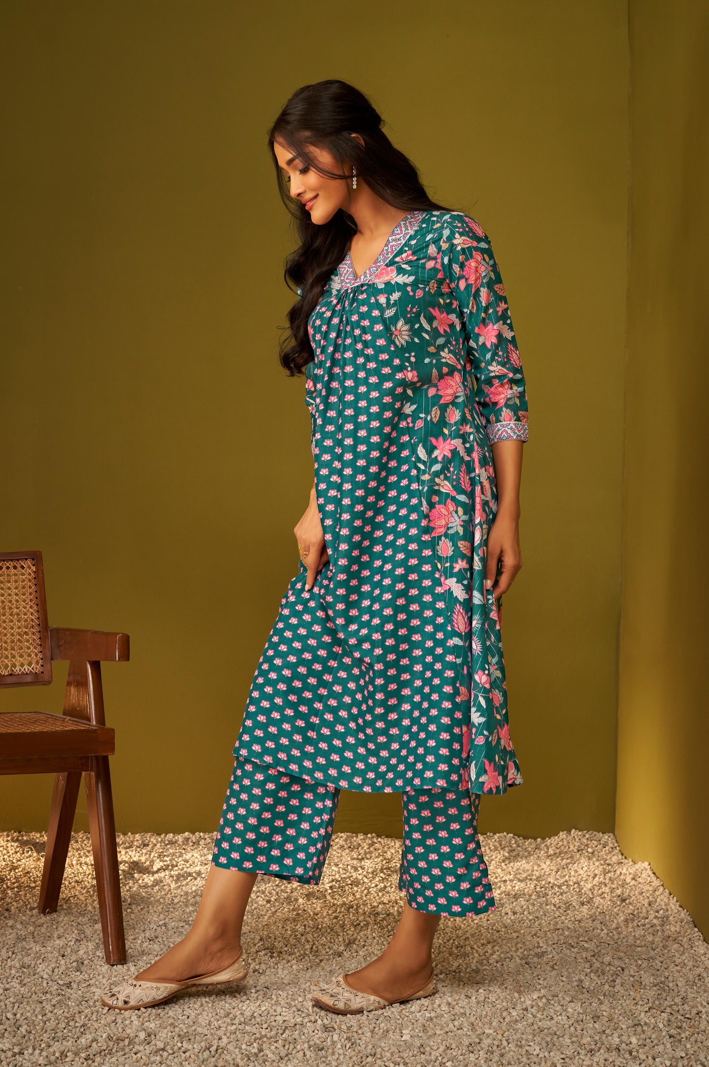 Teal Blue Digital Floral Print Panelled Kurta and Palazzo Set